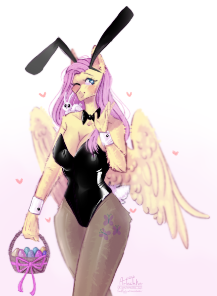 Size: 3468x4742 | Tagged: safe, artist:artem66633, derpibooru import, angel bunny, fluttershy, anthro, pegasus, pony, rabbit, absurd resolution, animal, basket, blushing, bowtie, breasts, bunny suit, bunnyshy, busty fluttershy, cleavage, clothes, easter basket, easter egg, female, floating heart, gradient background, heart, image, looking at you, mare, one eye closed, playboy bunny fluttershy, png, shoulder ride, smiling, smiling at you, waving, waving at you, wide hips