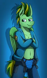 Size: 2587x4276 | Tagged: suggestive, artist:tacomytaco, derpibooru import, oc, oc:taco.m.tacoson, unofficial characters only, pony, semi-anthro, belly button, belt, blue underwear, briefs, clothes, crossed arms, crotch bulge, cutie mark, cutie mark on clothes, denim, gradient background, hoodie, image, jeans, looking at you, male, open clothes, pants, png, smiling, smirk, solo, solo male, striped underwear, underwear, undressing, wings