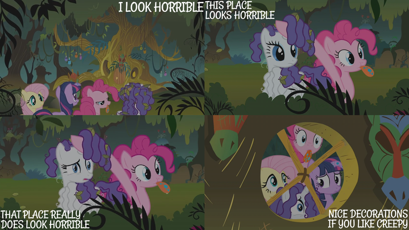 Size: 2000x1125 | Tagged: safe, derpibooru import, edit, edited screencap, editor:quoterific, screencap, fluttershy, pinkie pie, rarity, twilight sparkle, bridle gossip, flutterguy, hairity, image, png, spitty pie, twilight flopple