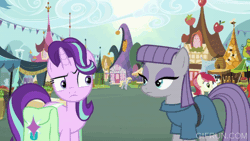 Size: 520x293 | Tagged: safe, derpibooru import, screencap, cherry cola, cherry fizzy, derpy hooves, lily, lily valley, maud pie, roseluck, starlight glimmer, rock solid friendship, animated, gif, image, laughing