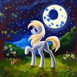 Size: 2560x2560 | Tagged: safe, derpibooru import, machine learning generated, derpy hooves, pegasus, pony, acrylic painting, image, moonlight, png, solo, traditional art