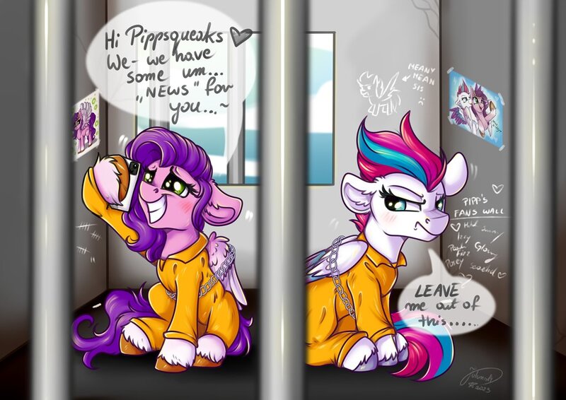 Size: 1023x724 | Tagged: safe, artist:julunis14, derpibooru import, pipp petals, zipp storm, chains, clothes, dialogue, g5, image, jail, jail cell, jpeg, prison, prison outfit, speech bubble