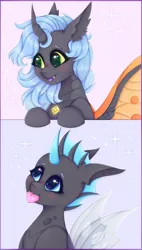 Size: 1700x3000 | Tagged: safe, derpibooru import, oc, changeling, pony, big eyes, blue background, blue eyes, blue hair, blushing, changeling oc, cute, ear fluff, embarrassed, february, gray, green eyes, happy, heart, horn, image, licking, licking lips, love, lovely, orange wings, pink background, png, simple background, smiley face, sparkles, tongue out, wings