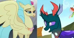 Size: 1136x592 | Tagged: safe, derpibooru import, screencap, arista, pharynx, princess skystar, changedling, changeling, classical hippogriff, hippogriff, my little pony: the movie, to change a changeling, :o, bedroom eyes, cropped, cute, derp, eyelashes, female, flower, flower in hair, image, interspecies, jewelry, lidded eyes, male, necklace, open mouth, png, prince pharynx, shipping, shipping domino, skyabetes, skynx, spread wings, straight, talking, wings