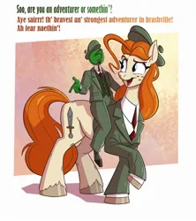 Size: 2220x2500 | Tagged: safe, artist:anontheanon, ponybooru import, oc, oc:anon, oc:nordpone, unofficial characters only, earth pony, human, pony, cap, clothes, dialogue, female, freckles, hat, humans riding ponies, image, jpeg, looking back, male, mare, necktie, riding, suit