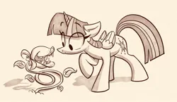 Size: 2028x1173 | Tagged: safe, artist:anontheanon, ponybooru import, twilight sparkle, twilight sparkle (alicorn), alicorn, pony, audrey 2, eye clipping through hair, female, image, jpeg, little shop of horrors, looking at something, mare, monochrome, plant, sepia, solo, this will not end well