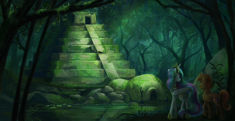 Size: 2100x1080 | Tagged: safe, artist:camyllea, derpibooru import, princess celestia, oc, oc:dreamwalker, pony, image, png, pyramid, tree