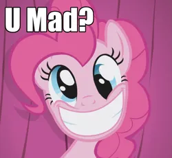 Size: 981x901 | Tagged: safe, derpibooru import, screencap, pinkie pie, earth pony, pony, season 1, the ticket master, big smile, caption, cross-eyed, derp, female, image, image macro, mare, meme, png, reaction image, smiling, solo, text