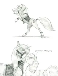 Size: 1000x1298 | Tagged: safe, artist:baron engel, derpibooru import, oc, oc:carousel, earth pony, pony, unicorn, female, image, jpeg, male, mare, monochrome, pencil drawing, simple background, stallion, story included, traditional art, white background