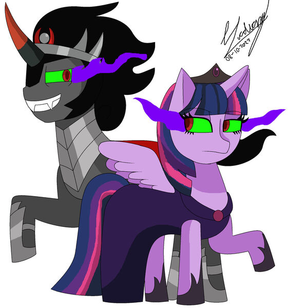 Size: 1280x1364 | Tagged: safe, artist:denisseguadiana, derpibooru import, king sombra, twilight sparkle, alicorn, pony, unicorn, bevor, boots, clothes, corrupted, corrupted twilight sparkle, crown, dress, duo, duo male and female, fangs, female, helmet, image, inspired by another artist, jewelry, jpeg, male, male and female, queen twilight, queen twilight sparkle, regalia, shipping, shoes, simple background, sombra's cape, sombra's robe, straight, tiara, twibra, white background