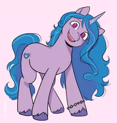 Size: 3442x3604 | Tagged: safe, artist:daisy_marshmallow, derpibooru import, izzy moonbow, unicorn, colored sketch, g5, image, long mane, looking at you, png, simple background, sketch, smiling, smiling at you, solo