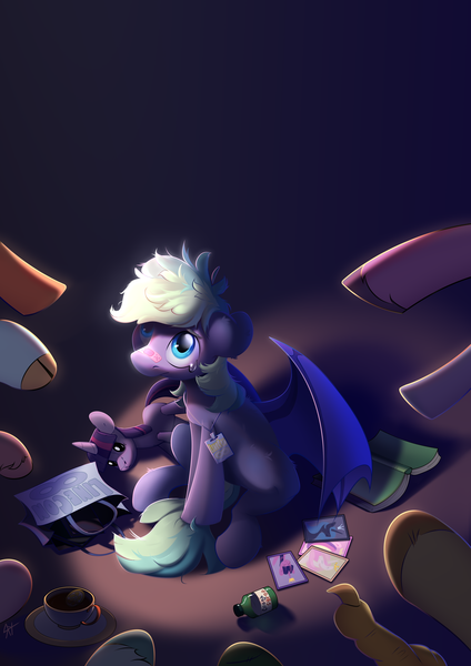 Size: 2480x3508 | Tagged: safe, artist:yarugreat, derpibooru import, oc, oc:murphy, unofficial characters only, bat pony, pony, badge, bag, bags, bandaid, bandaid on nose, bat pony oc, bat wings, book, complex background, con badge, convention, crying, cup, help me, helping, hooves, image, looking up, photos, png, pony oc, sad, sitting, spread wings, teacup, wings