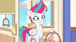 Size: 3072x1727 | Tagged: safe, derpibooru import, screencap, zipp storm, pegasus, pony, my little pony: tell your tale, spoiler:g5, spoiler:my little pony: tell your tale, spoiler:tyts01e48, easter egg, female, frown, g5, image, jpeg, mare, solo, the hunt for eggmund bunny