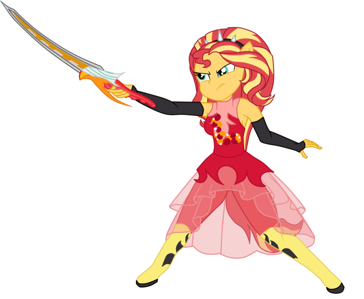 Size: 3214x2641 | Tagged: safe, artist:gmaplay, derpibooru import, sunset shimmer, human, equestria girls, image, png, ponied up, simple background, solo, story included, sword, transparent background, weapon