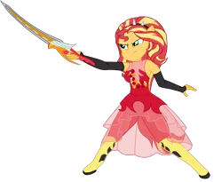 Size: 3214x2641 | Tagged: safe, artist:gmaplay, derpibooru import, sunset shimmer, human, equestria girls, image, png, ponied up, simple background, solo, story included, sword, transparent background, weapon