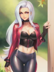 Size: 1020x1360 | Tagged: safe, derpibooru import, editor:sammykun, machine learning generated, stable diffusion, trixie, equestria girls, belly button, breasts, busty trixie, choker, clothes, corset, cosplay, costume, fingerless gloves, glossy, gloves, image, jacket, leather, leather jacket, leggings, lips, long hair, looking at you, marvel, marvel cinematic universe, midriff, png, scarlet witch, sexy, solo, stupid sexy trixie, wanda