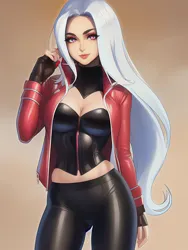 Size: 1020x1360 | Tagged: safe, derpibooru import, editor:sammykun, machine learning generated, stable diffusion, trixie, equestria girls, breasts, busty trixie, choker, clothes, corset, cosplay, costume, fingerless gloves, glossy, gloves, image, jacket, leather, leather jacket, leggings, lips, long hair, looking at you, marvel, marvel cinematic universe, midriff, png, scarlet witch, sexy, solo, stupid sexy trixie, wanda