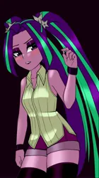 Size: 2793x5000 | Tagged: safe, artist:nekojackun, derpibooru import, aria blaze, spike, equestria girls, aria blaze's biggest fan, ariaspike, blushing, clothes, image, jpeg, micro, shipping, shorts, shrinking, sleeveless, stupid sexy aria blaze