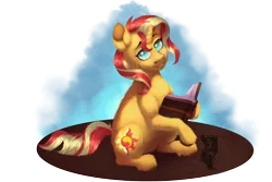 Size: 3000x2000 | Tagged: safe, artist:jazzwolfblaze, derpibooru import, sunset shimmer, pony, unicorn, equestria girls, book, eyebrows, eyelashes, female, green eyes, horn, image, looking at you, no pupils, nostrils, png, sitting, snout, solo, tail, two toned hair, two toned tail, unicorn horn
