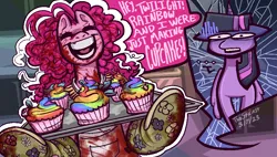 Size: 952x542 | Tagged: safe, artist:thaspiciest, derpibooru import, pinkie pie, twilight sparkle, twilight sparkle (alicorn), alicorn, earth pony, pony, fanfic:cupcakes, ..., blood, breasts, cupcake, dialogue, eyes closed, female, food, image, open mouth, open smile, png, smiling, text