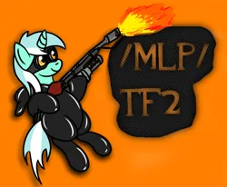 Size: 1082x891 | Tagged: safe, derpibooru import, lyra heartstrings, /mlp/ tf2 general, fire, flamethrower, goggles, image, png, pyro, rubber suit, team fortress 2, text, weapon