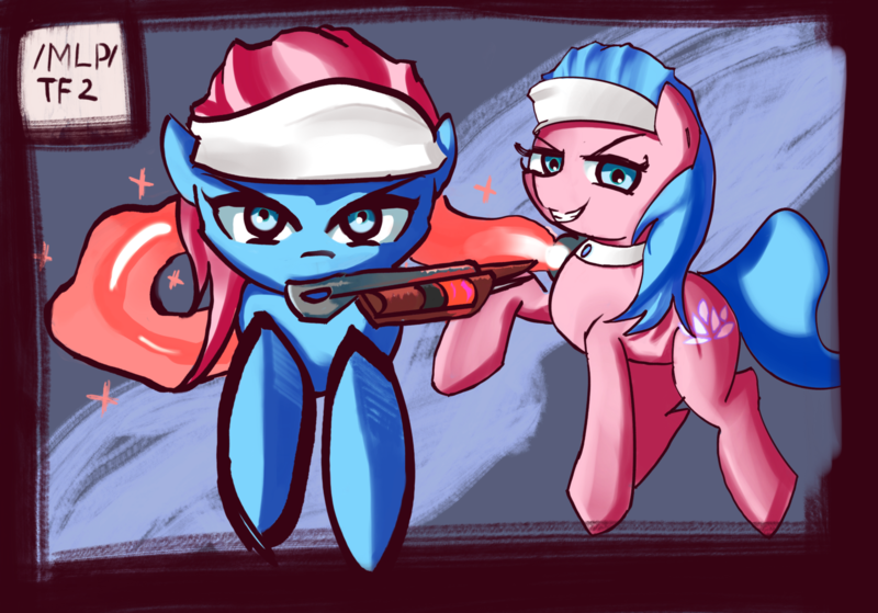 Size: 2147x1500 | Tagged: safe, artist:solid shrimp, derpibooru import, aloe, lotus blossom, /mlp/ tf2 general, image, medic, medigun, png, spa twins, team fortress 2, text, ubersaw