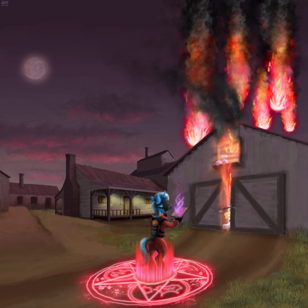 Size: 4140x4140 | Tagged: source needed, grimdark, artist:zvuki, derpibooru import, fluttershy, rarity, trixie, pony, unicorn, /mlp/, /mlp/ tf2 general, 4chan, axe, barn, bipedal, book, burning, female, fire, full moon, hoof hold, image, imminent death, magic, magic circle, mare, moon, night, night sky, pentagram, png, pyro, sky, smoke, spell, spellbook, team fortress 2, this will end in death, trapped, weapon