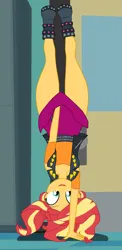 Size: 1900x3902 | Tagged: safe, artist:gmaplay, derpibooru import, sunset shimmer, human, equestria girls, chisato challenge, clothes, denied, handstand, image, open mouth, open smile, png, skirt, skirt pull, smiling, solo, upside down