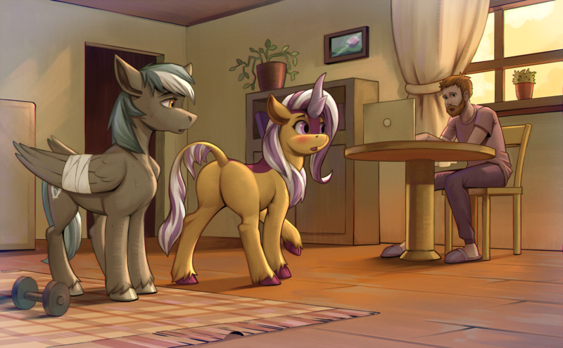 Size: 4000x2477 | Tagged: safe, artist:jotun22, oc, oc:iron feather, oc:lotus cinder, human, kirin, pegasus, pony, fanfic:words of power, blushing, computer, fanfic art, female, flank, image, kirin oc, kitchen, laptop computer, male, mare, png, presenting, raised tail, stallion, tail