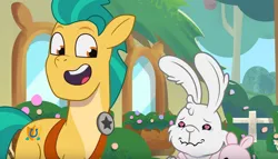 Size: 1064x608 | Tagged: safe, derpibooru import, screencap, hitch trailblazer, earth pony, my little pony: tell your tale, spoiler:g5, spoiler:my little pony: tell your tale, spoiler:tyts01e48, crying, easter bunny, eggmund bunny, g5, heart, heart eyes, image, png, shipping fuel, tears of joy, the hunt for eggmund bunny, wingding eyes