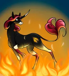 Size: 1388x1525 | Tagged: safe, artist:snedrir, derpibooru import, oc, oc:reina sininaen, unofficial characters only, pony, unicorn, curved horn, fire, horn, image, jpeg