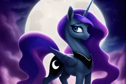 Size: 1920x1280 | Tagged: safe, derpibooru import, editor:dovakkins, machine learning generated, stable diffusion, princess luna, alicorn, pony, cute, derpibooru exclusive, ethereal mane, ethereal tail, female, galaxy mane, image, missing accessory, moon, night, night sky, peytral, png, sky, solo, tail, wings