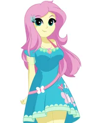 Size: 1354x1760 | Tagged: safe, artist:rosemile mulberry, derpibooru import, fluttershy, human, equestria girls, equestria girls series, breasts, clothes, dress, female, fluttershy boho dress, geode of fauna, image, magical geodes, png, simple background, solo, white background