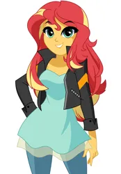 Size: 1200x1722 | Tagged: safe, artist:rosemile mulberry, derpibooru import, sunset shimmer, human, equestria girls, clothes, hand on hip, image, jacket, looking at you, png, simple background, smiling, solo, white background