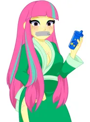 Size: 1069x1449 | Tagged: suggestive, artist:rosemile mulberry, derpibooru import, sour sweet, equestria girls, bathrobe, bottle, breasts, clothes, female, freckles, gag, image, png, robe, simple background, tape, tape gag, white background