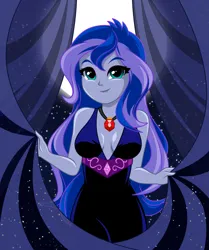 Size: 1154x1380 | Tagged: safe, artist:rosemile mulberry, derpibooru import, princess luna, human, equestria girls, absolute cleavage, bare shoulders, breasts, busty princess luna, cleavage, female, gem, image, png, reasonably sized breasts, redraw, siren gem, sleeveless, solo, updated design, vice principal luna, younger