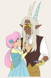 Size: 1347x2048 | Tagged: artist needed, safe, derpibooru import, discord, fluttershy, human, g5, spoiler:g5comic, dark skin, discoshy, duo, female, height difference, humanized, image, light skin, male, old man discord, older, older fluttershy, png, shipping, straight