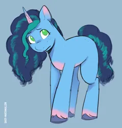 Size: 3442x3604 | Tagged: safe, artist:daisy_marshmallow, derpibooru import, unicorn, g5, blue background, colored sketch, image, misty brightdawn, png, shy, simple background, solo