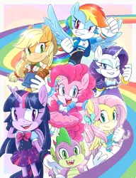 Size: 1000x1300 | Tagged: safe, artist:kanayanga, derpibooru import, applejack, fluttershy, pinkie pie, rainbow dash, rarity, spike, twilight sparkle, twilight sparkle (alicorn), alicorn, anthro, dragon, earth pony, pegasus, unicorn, grin, image, looking at you, mane six, mobian, open mouth, png, smiling, sonic the hedgehog (series), sonicified