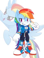 Size: 774x1032 | Tagged: safe, artist:kanayanga, derpibooru import, part of a set, rainbow dash, anthro, pegasus, clenched fist, grin, image, jpeg, looking at you, mobian, smiling, sonic the hedgehog (series), sonicified