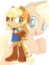 Size: 774x1032 | Tagged: safe, artist:kanayanga, derpibooru import, part of a set, applejack, anthro, earth pony, hand on head, hand on hip, image, jpeg, looking at you, mobian, smiling, smiling at you, sonic the hedgehog (series), sonicified