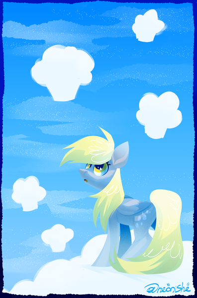 Size: 4000x6061 | Tagged: safe, artist:neonishe, derpibooru import, derpy hooves, pegasus, pony, cloud, cute, image, on a cloud, png, simple background, solo, standing on a cloud