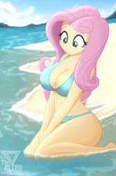 Size: 2080x3146 | Tagged: suggestive, artist:theretroart88, derpibooru import, part of a set, fluttershy, equestria girls, beach, breasts, busty fluttershy, cleavage, clothes, female, image, island, ocean, panties, png, sand, solo, solo female, swimsuit, underwear, water