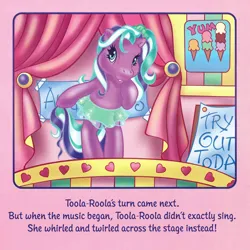 Size: 2350x2350 | Tagged: safe, artist:lyn fletcher, derpibooru import, toola roola, earth pony, pony, bipedal, clothes, dancing, female, g3, image, jpeg, mare, pony pop stars, scan, skirt, solo