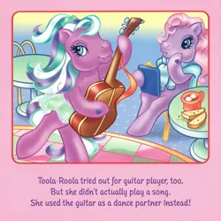 Size: 2350x2350 | Tagged: safe, artist:lyn fletcher, derpibooru import, sweetsong, toola roola, earth pony, pony, anatomically incorrect, bipedal, clothes, dancing, duo, female, g3, guitar, hoof hold, image, incorrect leg anatomy, jpeg, mare, musical instrument, pony pop stars, scan, sitting, skirt, sweater