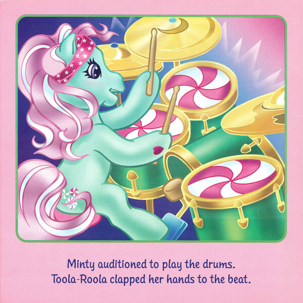 Size: 2350x2350 | Tagged: safe, artist:lyn fletcher, derpibooru import, minty, earth pony, pony, drums, drumsticks, emanata, female, g3, headband, hoof hold, image, jpeg, mare, musical instrument, playing instrument, pony pop stars, scan, sitting, solo