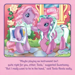 Size: 2350x2350 | Tagged: safe, artist:lyn fletcher, derpibooru import, sweetsong, toola roola, earth pony, pony, bipedal, clothes, comforting, dialogue, duo, female, g3, hoof hold, image, jpeg, mare, pony pop stars, scan, skirt, sweater