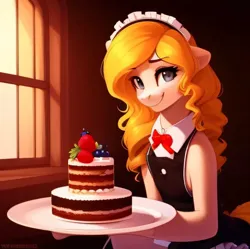 Size: 816x814 | Tagged: safe, derpibooru import, machine learning generated, oc, oc:sophie hoofington, earth pony, pony, blonde hair, cake, clothes, female, food, image, jpeg, maid, mare, smiling