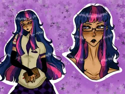 Size: 1600x1200 | Tagged: safe, artist:srespyy, derpibooru import, twilight sparkle, human, alternate hairstyle, book, clothes, cute, ear piercing, earring, evening gloves, eyeshadow, female, fingerless elbow gloves, fingerless gloves, freckles, glasses, gloves, humanized, image, jewelry, jpeg, lipstick, long gloves, makeup, nail polish, piercing, shirt, skirt, solo, twiabetes