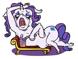 Size: 893x677 | Tagged: safe, artist:jargon scott, derpibooru import, rarity, pony, unicorn, belly button, chubby, crying, fainting couch, food, hoof hold, ice cream, image, lying down, marshmelodrama, muffin top, open mouth, png, rarity being rarity, side, simple background, solo, spoon, white background